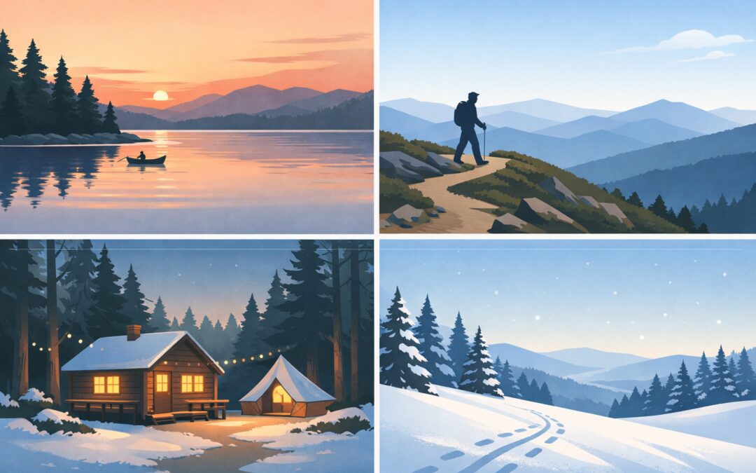 two by two grid of Maine scenes. Top left is a canoe on a lake at sunset or sunrise. Top right is a hiker cresting a mountain trail. Bottom left is a cozy, warmly list log cabin in a snowy landscape. Bottom right is a snow scape with odd tracks
